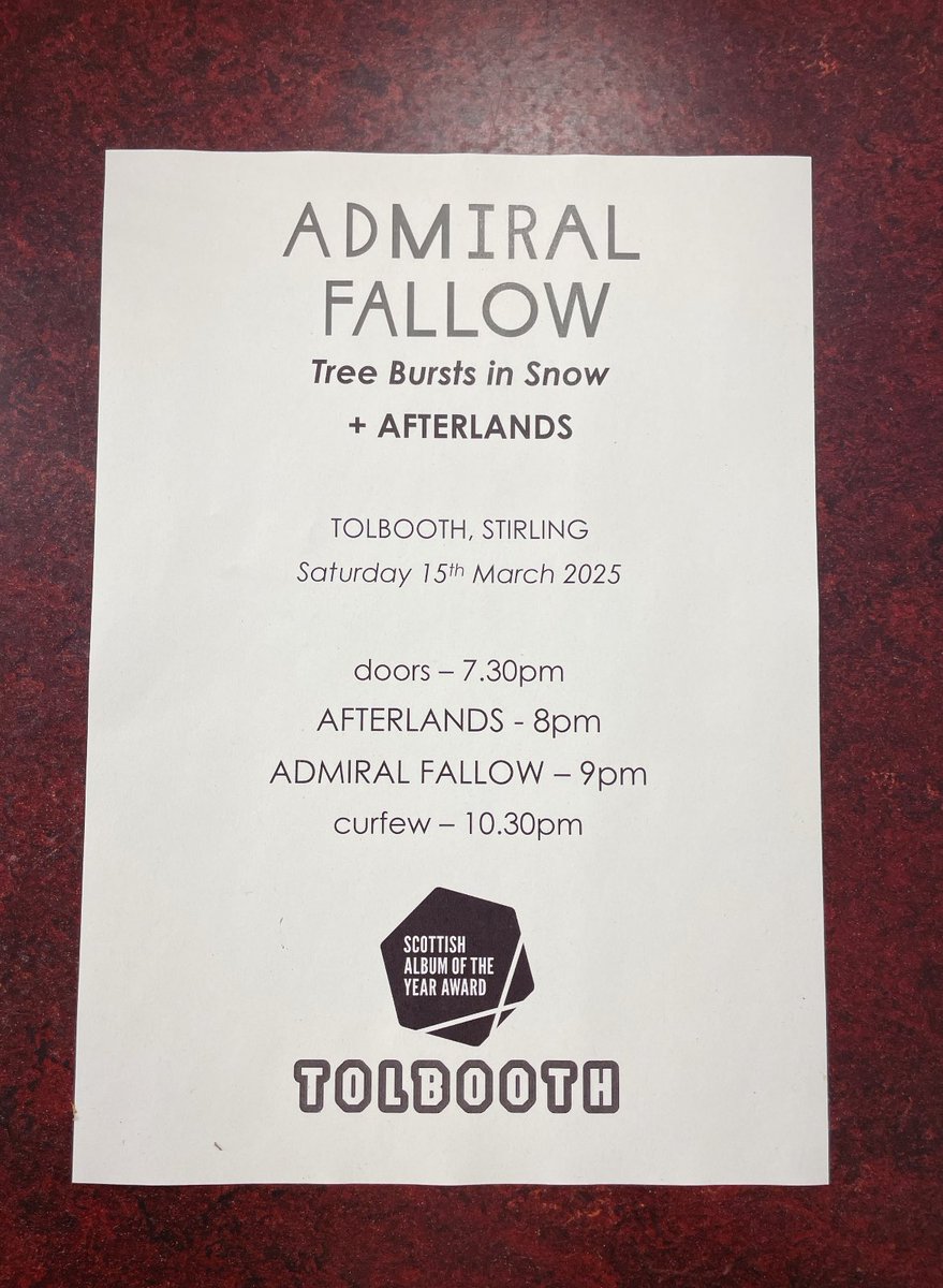 Admiral Fallow (@admiralfallow) on Twitter photo Showtimes for tonight’s TBiS gig <a href="/Tolbooth/">Tolbooth</a> Stirling.
Doors are open.
<a href="/afterlandsmusic/">Afterlands</a> <a href="/SAYaward/">The SAY Award</a> Showtimes for tonight’s TBiS gig <a href="/Tolbooth/">Tolbooth</a> Stirling.
Doors are open.
<a href="/afterlandsmusic/">Afterlands</a> <a href="/SAYaward/">The SAY Award</a>