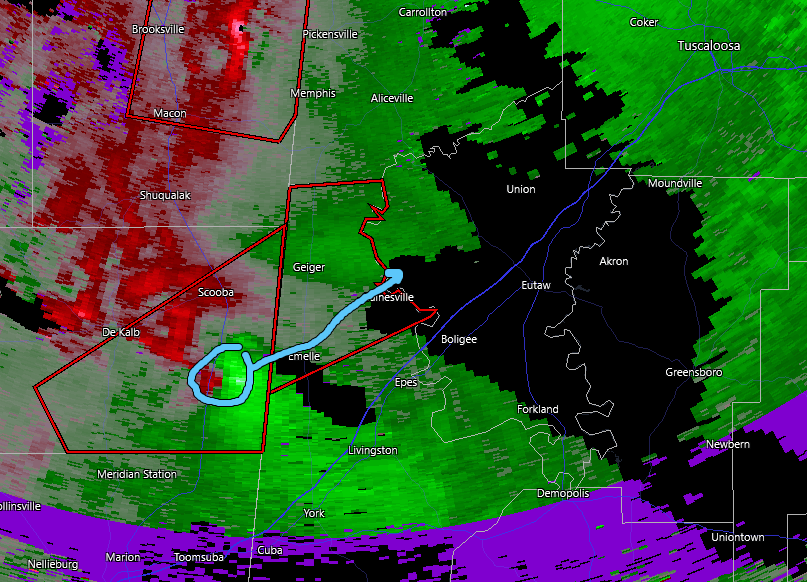 DixieChasing's tweet photo. Tornado warning for Sumter County AL. This is radar indicated as it heads towards Gainesville. Seek shelter now! #alwx #torndao #wxtwitter https://t.co/NENjQ7zB8e