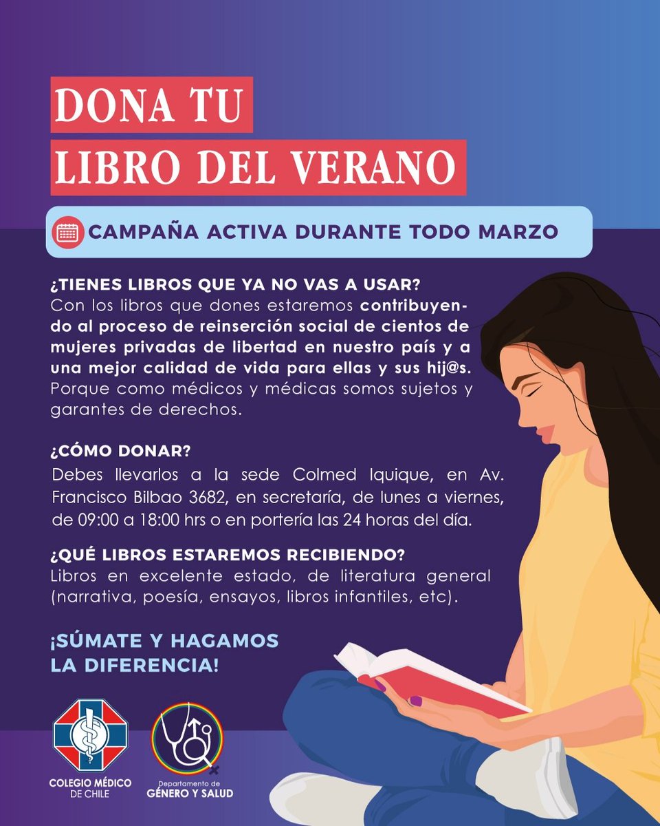 colmediquique's tweet photo. ¡ÚNETE A NUESTRA CAMPAÑA DE DONACIÓN DE LIBROS! 📚
Durante marzo, te invitamos a donar los libros que ya no usas para apoyar el proceso de reinserción social de cientos de mujeres privadas de libertad y mejorar su calidad de vida, así como la de sus hij@s.
#Iquique #AltoHospicio https://t.co/yeUZEiluWo