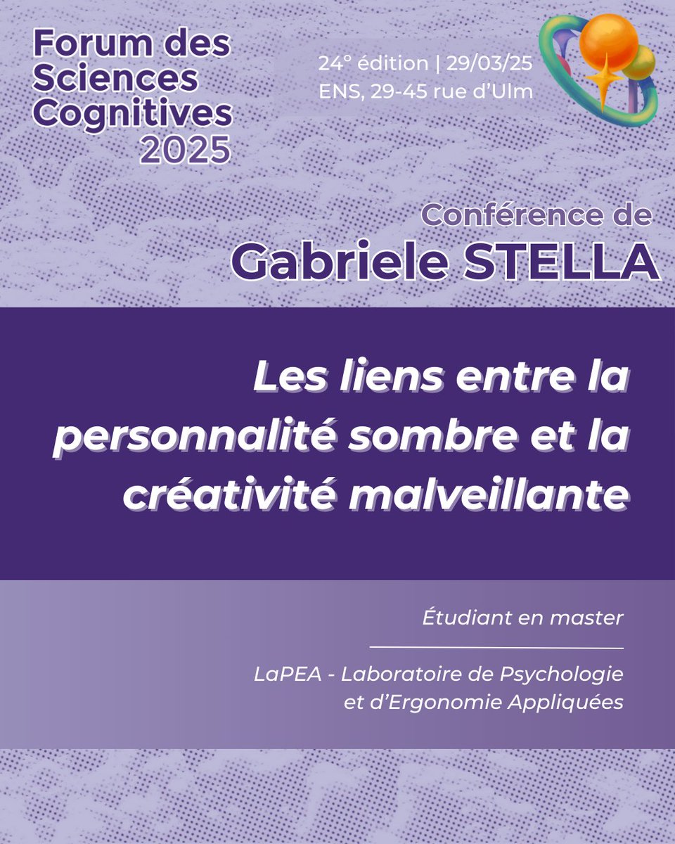 ✨ Rencontrez les intervenants du 24e FSC!

🎤  Intervenant:
Gabriele STELLA

🎨Titre de la présentation:
Les liens entre la personnalité sombre et la créativité malveillante

(1/7)