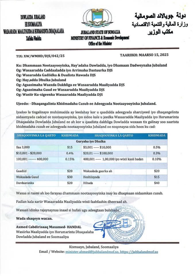 The Ministry of Finance and Economic Development of Jubaland has implemented new notary service fees, contributing to the government’s economic growth.