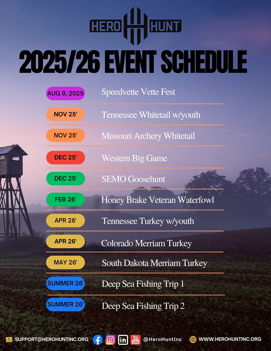 Hero Hunt Family!

As we move forward with an exciting new direction for Hero Hunt, we want to share with you the events we have scheduled for the foreseeable future!

To apply, keep an eye on our social media and website (upcoming events tab) for announcements! 

#VETERANS
