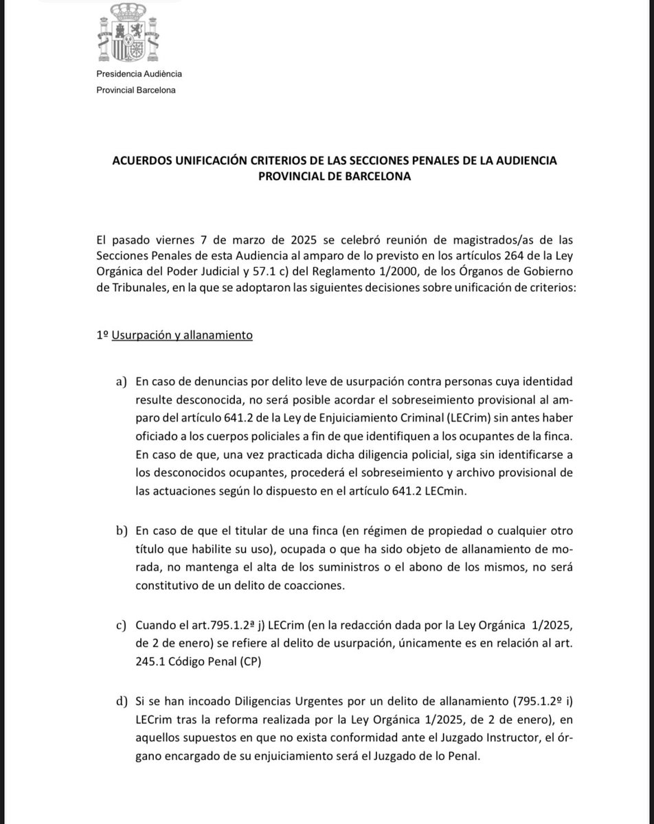 Importante acuerdo de unificación de criterios de las secciones penales de la Audiencia Provincial de Barcelona en materia de usurpación (comúnmente conocido como okupación) y allanamiento.