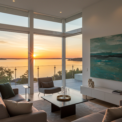 AhvhHomedesigns's tweet image. Lake sunset views from a gloss white modern living room. Simply stunning. 😍 #LakeSunset #ModernDesign #HomeInspo