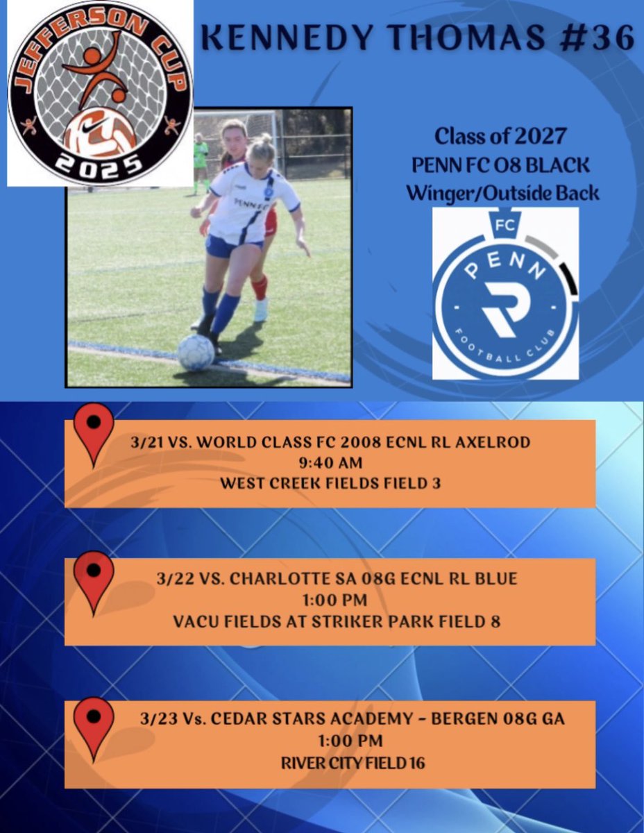 Kennedy Thomas (@kennedythomas36) on Twitter photo So excited for Jeff Cup this coming weekend!! Can’t wait to play with my team!!
<a href="/PennFCYouth/">PennFC Youth</a> <a href="/TheSoccerWire/">SoccerWire</a> <a href="/Bury_wsoccer/">Salisbury University Women’s Soccer</a> <a href="/KutztownSoccer/">Kutztown Soccer</a> So excited for Jeff Cup this coming weekend!! Can’t wait to play with my team!!
<a href="/PennFCYouth/">PennFC Youth</a> <a href="/TheSoccerWire/">SoccerWire</a> <a href="/Bury_wsoccer/">Salisbury University Women’s Soccer</a> <a href="/KutztownSoccer/">Kutztown Soccer</a>
