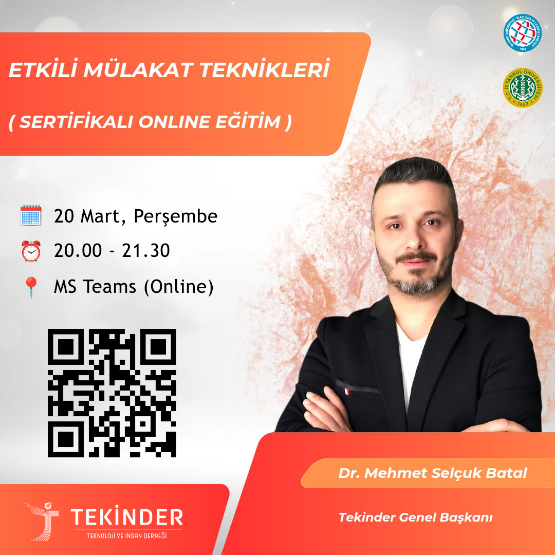 Dernek Başkanımız Sn. Mehmet Selçuk Batal (<a href="/msbatal/">Mehmet Selçuk Batal</a>), 20 Mart Perşembe 20.00'de İÜ Lojistik Kulübü’nün düzenlediği etkinlik kapsamında "Etkili Mülakat Teknikleri" konulu çevrimiçi bir seminer verecektir. Davetlisiniz.

#tekinder #istanbul #ulaştırma #lojistik #mülakat #seminer