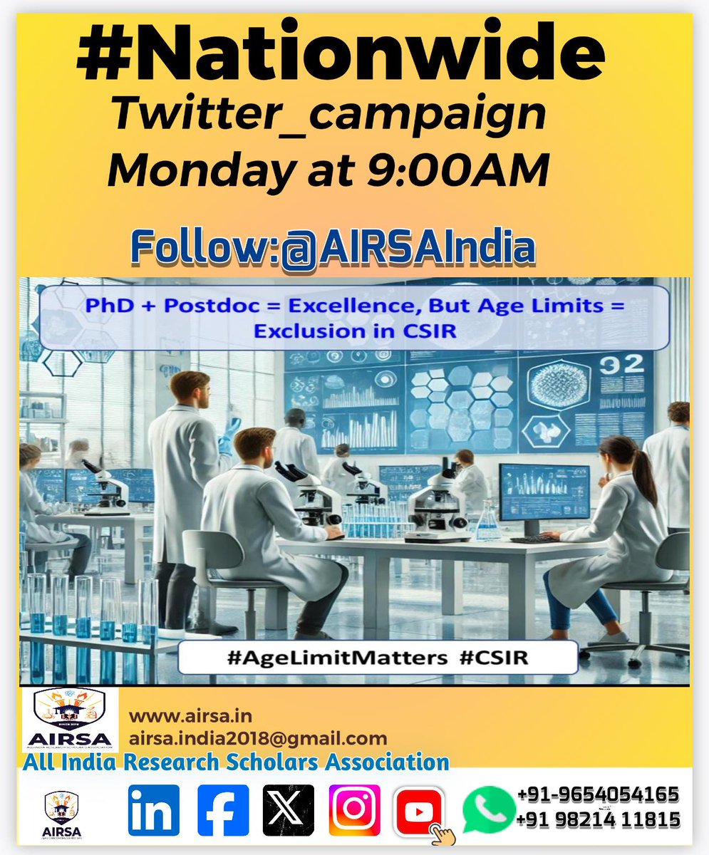 All India Research Scholars Association (@airsaindia) on Twitter photo Recently, <a href="/the_hindu/">The Hindu</a> covered AIRSA's appeal to CSIR to raise the age limit for scientist positions to 40, advocating for fairer opportunities.
thehindu.com/education/airs…
<a href="/DrNKalaiselvi/">N Kalaiselvi</a> <a href="/DrJitendraSingh/">Dr Jitendra Singh</a> <a href="/thewire_in/">The Wire</a> <a href="/IndianExpress/">The Indian Express</a>
<a href="/TheLallantop/">The Lallantop</a> <a href="/CSIR_IND/">CSIR, India</a> <a href="/careers360/">Careers360</a> <a href="/manojkjhadu/">Manoj Kumar Jha</a> Recently, <a href="/the_hindu/">The Hindu</a> covered AIRSA's appeal to CSIR to raise the age limit for scientist positions to 40, advocating for fairer opportunities.
thehindu.com/education/airs…
<a href="/DrNKalaiselvi/">N Kalaiselvi</a> <a href="/DrJitendraSingh/">Dr Jitendra Singh</a> <a href="/thewire_in/">The Wire</a> <a href="/IndianExpress/">The Indian Express</a>
<a href="/TheLallantop/">The Lallantop</a> <a href="/CSIR_IND/">CSIR, India</a> <a href="/careers360/">Careers360</a> <a href="/manojkjhadu/">Manoj Kumar Jha</a>