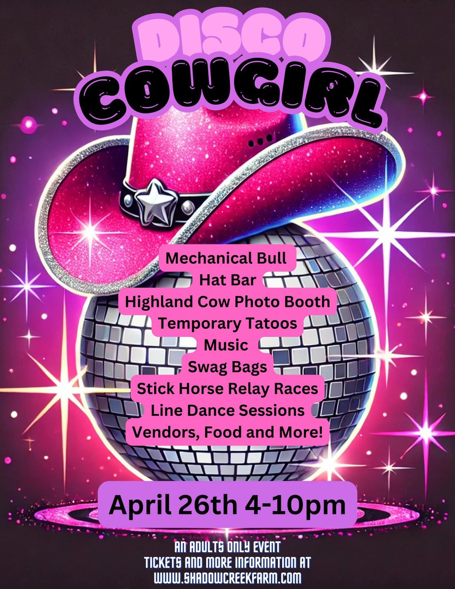 Disco CowGirl Night 🪩💓🤠🐴
Coming up in Chadds Ford ladies.
<a href="/visitbrandywine/">Brandywine Valley</a> 

Saturday, April 26th 4pm-10pm
Girls 👧🏻 ONLY! No boys allowed.
Tix are under $100 

shadowcreekfarm.com/disco-cowgirl 🎟️