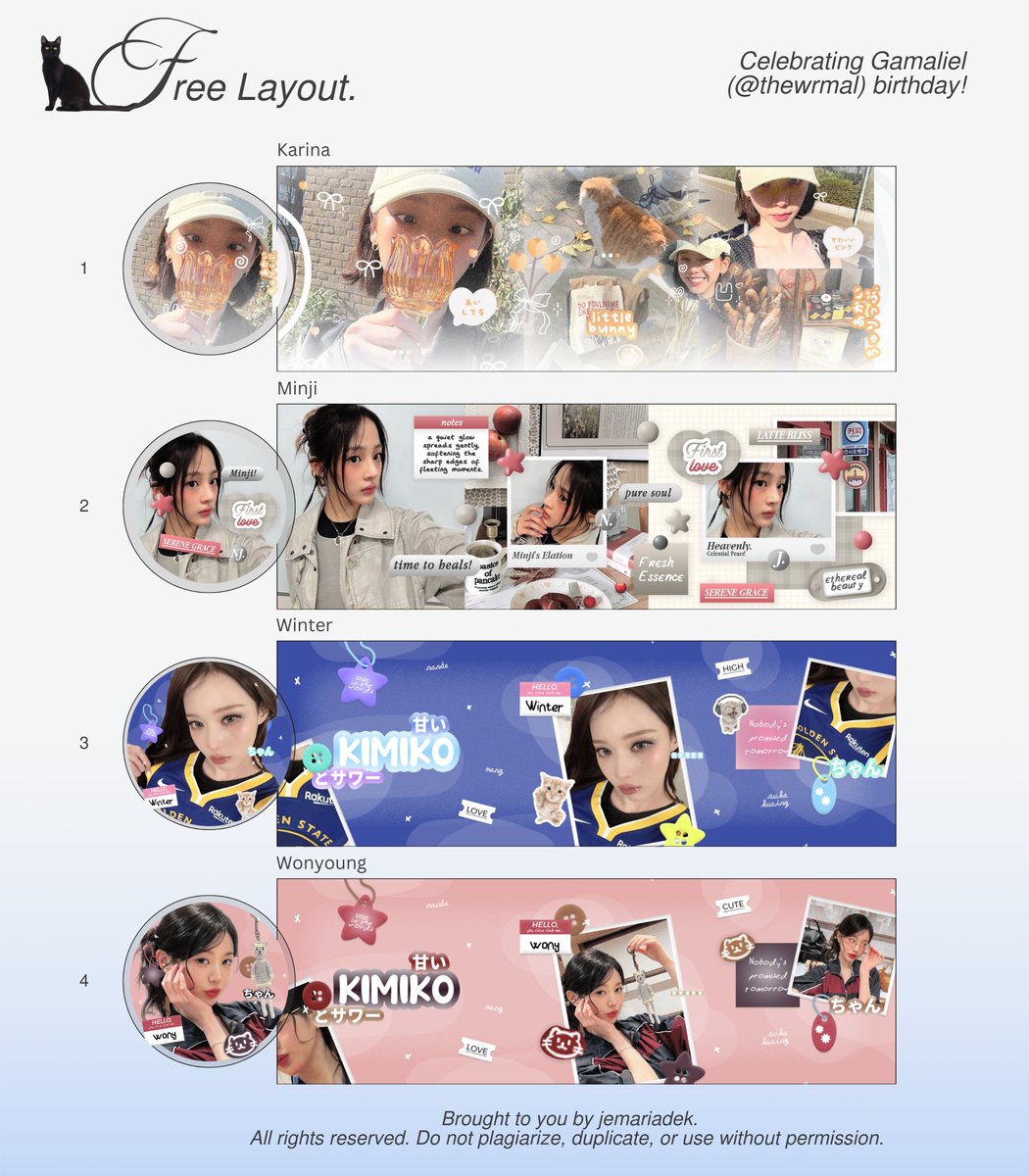 jemariadek's tweet photo. A repost/RT would be greatly appreciated, thank you!

🐈‍⬛💬 Timan-timunn, hari ini ada 4 FREE LAYOUT dalam rangka merayakan ulang tahun Kakak Gamaliel (@thewrmal)!🌟

🍀 Claim layout by reply, scroll untuk info selengkapnya ia! #zonauang https://t.co/j8Oo18K3ur