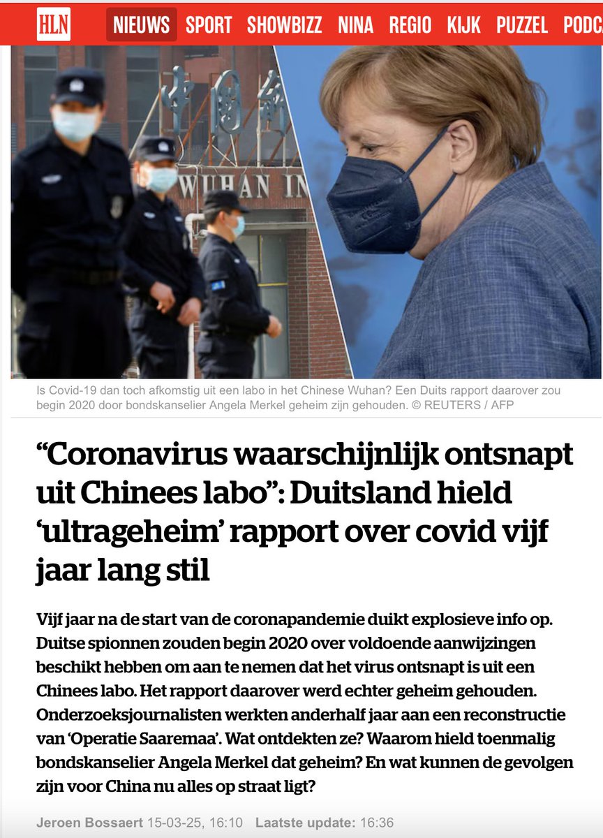 MichaelVerstrae's tweet photo. Weerzinwekkend. 
Hier is geen ander woord voor. 

Wat in het onderstaande artikel wordt beschreven is op meerder vlakken weerzinwekkend. 

1. De liegende overheid. 

Merkel ontvangt begin 2020 een rapport van de Duitse geheime dienst. Daarin staat dat SarsCov2 zeer waarschijnlijk artificieel gemaakt is door de mens.  in een labo in Wuhan. Gemaakt van opgewerkte coronavirussen van vleermuizen.  Door die mevrouw met haar ballon op haar hoofd. 
Merkel verzwijgt dat rapport en verzwijgt dat gegeven.
Nu ontkent ze dat ze kennis had van het rapport.  Maar in een zeer wollige verklaring waarin ze verwijst naar de kanselarij waar de documenten zouden moeten liggen.  Als ze toen goed kon liegen, dan kan ze dat nu ook. 

Hoe dan ook, als de Duitse staat over een rapport beschikt dat het virus voor meer dan 80 % zeker manmade is, dan moet de staat niet het omgekeerde beweren.  De Duitse regering heeft zich in die periode ingeschreven in de wereldwijde bestrijding van die stelling als "fake news".  Of Merkel er nu van wist of niet: als instituut heeft de overheid gelogen.  

2. De censurerende overheid. 

Wie over dit onderwerp een facebookbericht postte, werd gecensureerd en in de facebookgevangenis gestoken.  Idem op andere sociale media.  Wetenschappers die hun twijfels uitten over de natuurlijke oorsprong van het virus werden weggezet als fantasten. Een censuurbeleid dat werd opgezet door de overheid en internationale organisaties.  Zogezegd om fake news te bestrijden, maar in werkelijkheid om zelf ongestoord fake news te kunnen brengen. 

3. De gevaarlijke overheid. 

Een overheid die zo'n gevaarlijke experimenten toelaat waardoor er miljoenen mensen zijn gestorven, is een aartsgevaarlijke overheid.  Nog versterkt door de dodelijke coronamaatregelen. In India en omstreken waren in 2021 al 228.000 kinderen gestorven door de lockdowns. 
Overheidsfunctionarissen die dat allemaal op hun kerfstok hebben worden niet ter verantwoording geroepen. Al was het maar omwille van onachtzaamheid. 
De eerste de beste huisdokter die een dode op zijn actief heeft wordt vervolgd voor de correctionele rechtbank. 

Zelfs als het coronavirus toch niet uit het labo in Wuhan komt, dan nog is het feit dat het er mogelijk uit komt al voldoende om te concluderen dat de overheid met onze levens speelt. 

4. De invasieve overheid. 

Dat "vuil" virus heeft nu in ieders lichaam gezeten.  Het ontwikkelt zich zelfs verder met steeds meer nieuwe varianten.  De fysieke integriteit van de mensen wordt door de overheid aangetast. 

5. De laffe overheid. 

In het artikel hieronder wordt vermeld dat Merkel het rapport geheim heeft gehouden om diplomatieke redenen, en omdat de virologen de stelling over het manmade virus afdeden als een "complottheorie".  Merkel was daarom niet zeker van de betrouwbaarheid van het rapport. 
Merkel had volstaan met het standpunt te vragen van kritische wetenschappers. Maar het ontbrak haar aan moed om tegen de main stream in te gaan.   Ze was er overigens zelf een deel van.
Dat is exact hetzelfde verhaal als wat we van diverse Belgische parlementsleden hebben gehoord in 2020. Ze konden zich wel vinden in onze kritiek maar ze durfden daar niet voor uitkomen.  
Het staatsmanschap ontbreekt totaal.  

6. De politieke wetenschap. 

Wetenschap die zich voor de kar laat spannen van een overtuiging of van geld ontwricht de samenleving en ondergraaft de geloofwaardigheid van de ernstige wetenschap. 

https://t.co/HTxfNuu4h9