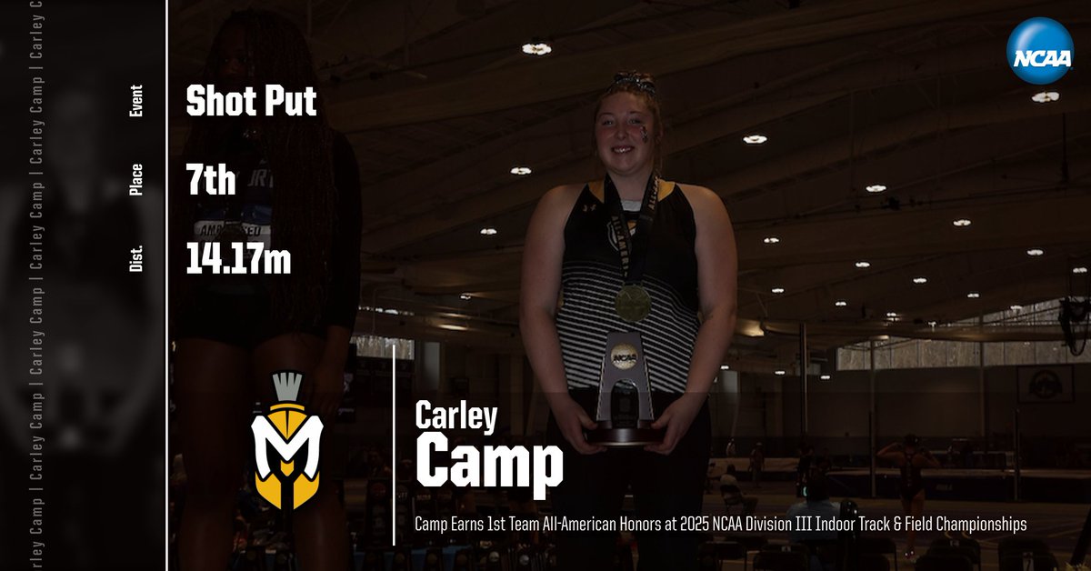 ITF: With a throw of 14.17m in the Shot Put, Carley Camp has become a First Team All-American for Indoor Track &amp; Field! Camp finished 7th overall at the DIII National Championships today! This is Carley's third All-American honor in her Track career!

#MUSpartans | #SpartanPride