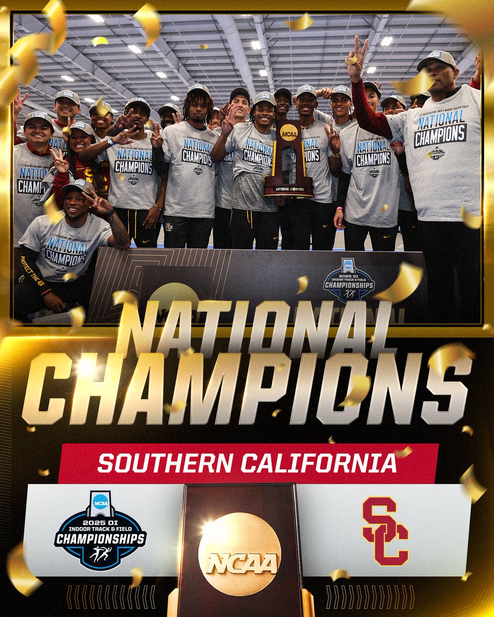 NCAA Track & Field (@ncaatrackfield) on Twitter photo For the first time in 50+ years 🏆
<a href="/USC_Track_Field/">USC Track & Field / XC</a> Trojans are your DI Men's Indoor Track & Field National Champions.
#NCAATF For the first time in 50+ years 🏆
<a href="/USC_Track_Field/">USC Track & Field / XC</a> Trojans are your DI Men's Indoor Track & Field National Champions.
#NCAATF