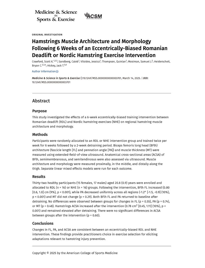 🆕"This study investigated the effects of a 6-week eccentrically-biased training intervention between Romanian deadlift &amp; Nordic on hams architecture &amp; morphology"
➡️Changes in FL, PA &amp; ACSA are consistent in both exercises
👉S. Crawford et al, 2025 🇺🇸
📂 journals.lww.com/acsm-msse/abst…
