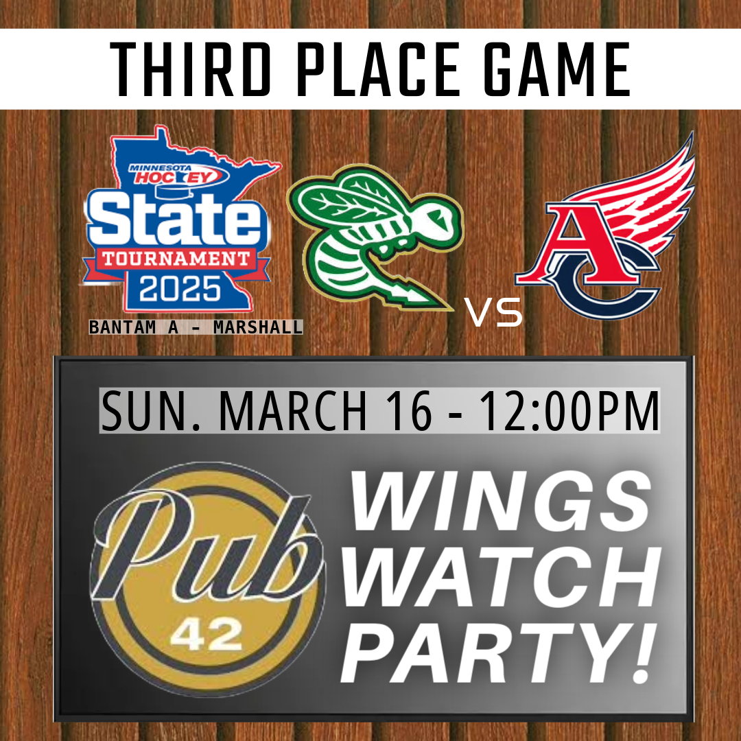 It's been so much fun, we're doing it again Sunday. Head to <a href="/Pub_42/">Pub 42</a> for our Wings Watch Party as the <a href="/ACBantamA/">Armstrong Cooper Bantam A</a> take on Edina at the State Tournaement with Third Place on the line. Puck Drop is set for Noon. See you at the Pub, and Go Wings!!!