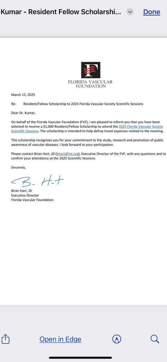 Deeply honored and grateful to receive the Resident/Fellow Scholarship from the Florida Vascular Foundation to attend the 2025 Florida Vascular Society Scientific Sessions.

Thank you to the Florida Vascular Foundation and Florida Vascular Society for this incredible opportunity.