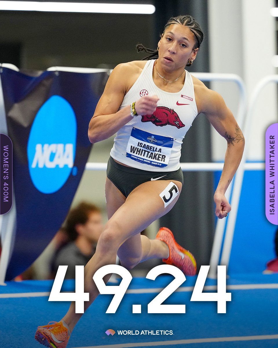 0.07 seconds shy of the world record 🤯

🇺🇸’s Isabella Whittaker runs the second fastest indoor 400m of all time in 49.24 and breaks the area record 🔥

The only person to ever run faster? Femke Bol 👀

📸 Shawn Price &amp; <a href="/RazorbackTF/">Arkansas TF/XC</a>