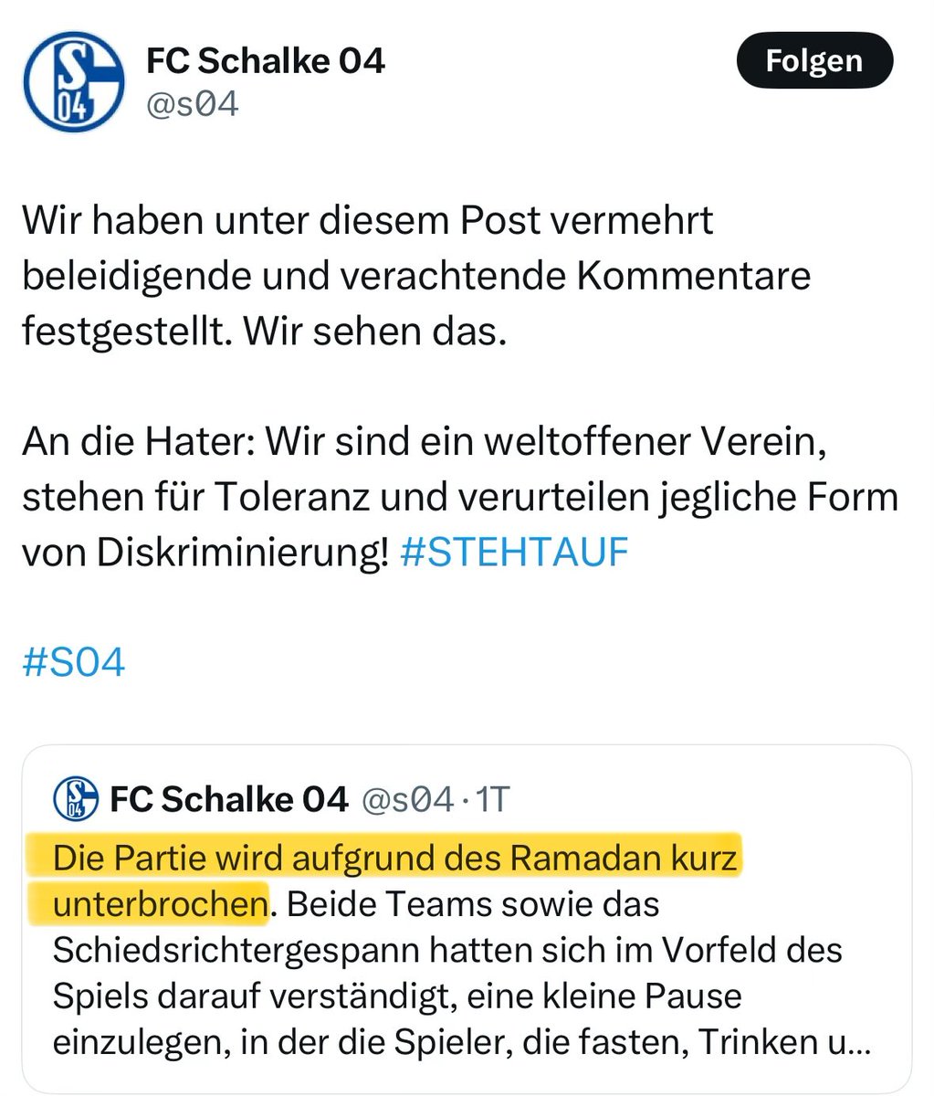 queru_lant's tweet photo. Wer sich dem totalitären Islam unterwirft ist weder tolerant, noch weltoffen.

Wer in in einem säkularen Land im Profifussball aus religiösen Gründen seine Leistung nicht bringen kann, der spielt nicht.

Wer das anspricht und zurecht kritisiert, ist kein „Hater“.

Der FC Schalke 04 unterstützt mit seinem Verhalten die Islamisierung Deutschlsnds und begibt sich mit diesem Post in die muslimische Opferrolle.