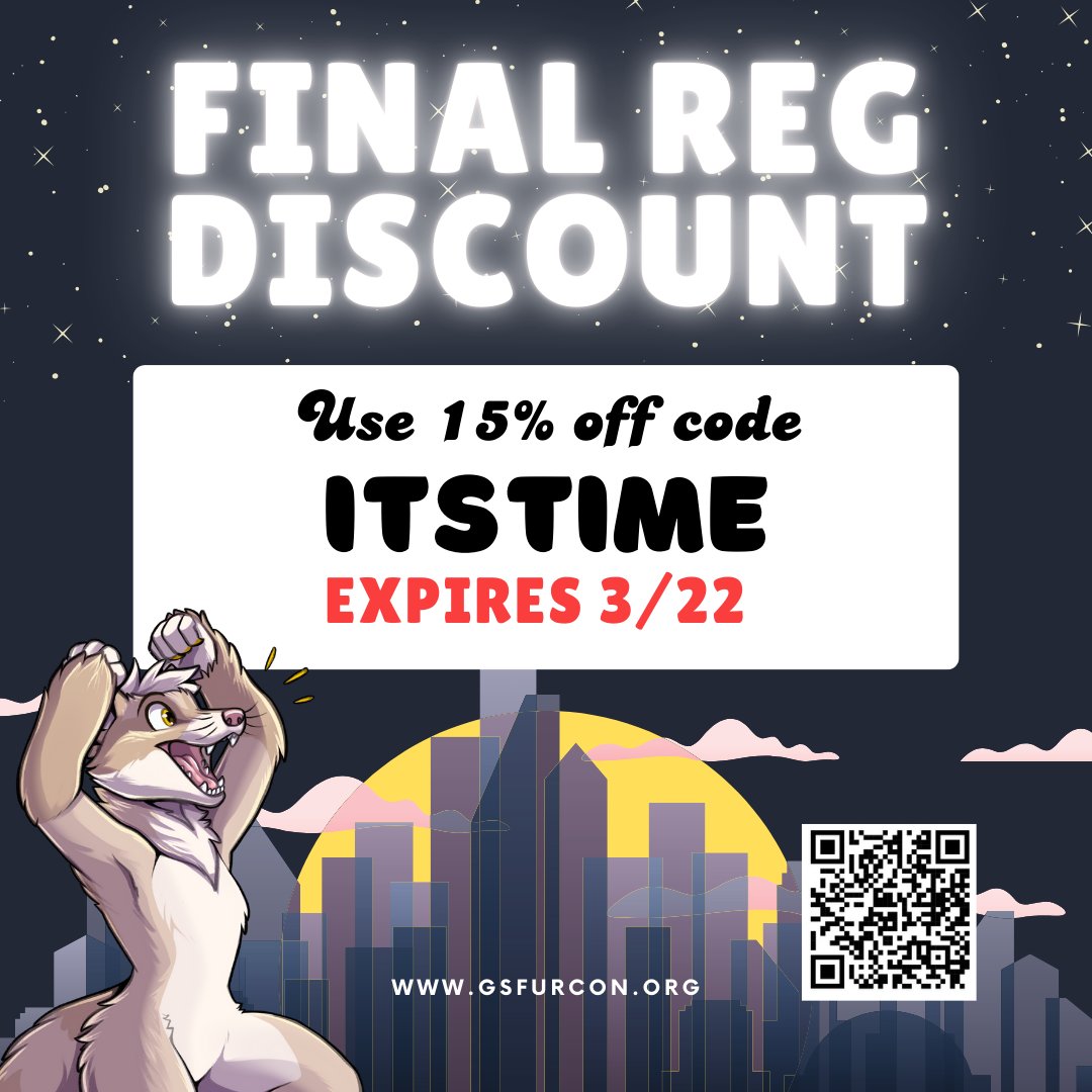 GSFurCon's tweet image. Don't forget, we still have out coupon active for a few more days!
ITSTIME for 15% off!
ALSO I was just informed that we have more hotel rooms in main! If you were putting that off, now is your last chance to get a place to lay your head on site!
gsfurcon.org/hotel/