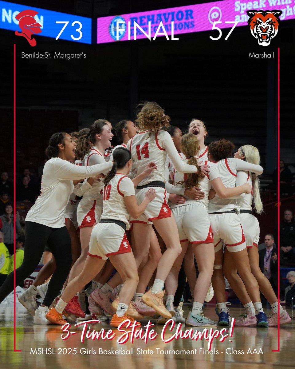 Benilde-St. Margaret's (@bsmredknights) on Twitter photo The Red Knights are 3-time state champions! Major congratulations to the BSM girls' basketball team for a historic three-peat at the <a href="/MSHSL/">Minnesota State High School League</a> Class AAA State Finals today!
Go Red Knights!
#BSMProud #OneBSM #RedKnights #MSHSL #GirlsBasketball #State The Red Knights are 3-time state champions! Major congratulations to the BSM girls' basketball team for a historic three-peat at the <a href="/MSHSL/">Minnesota State High School League</a> Class AAA State Finals today!
Go Red Knights!
#BSMProud #OneBSM #RedKnights #MSHSL #GirlsBasketball #State