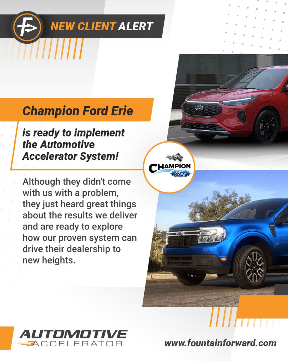 FountainForward's tweet photo. Champion Ford Erie is Ready to Drive Success with Fountain Forward!
Ready to be NEXT? Book yourself a free strategy call with us today.📲 https://t.co/HtKos811tj #WelcomeToTheTeam #DealershipGrowth #AutomotiveSuccess #SellMoreCars #DriveResults #FountainForward https://t.co/mppKywFdum