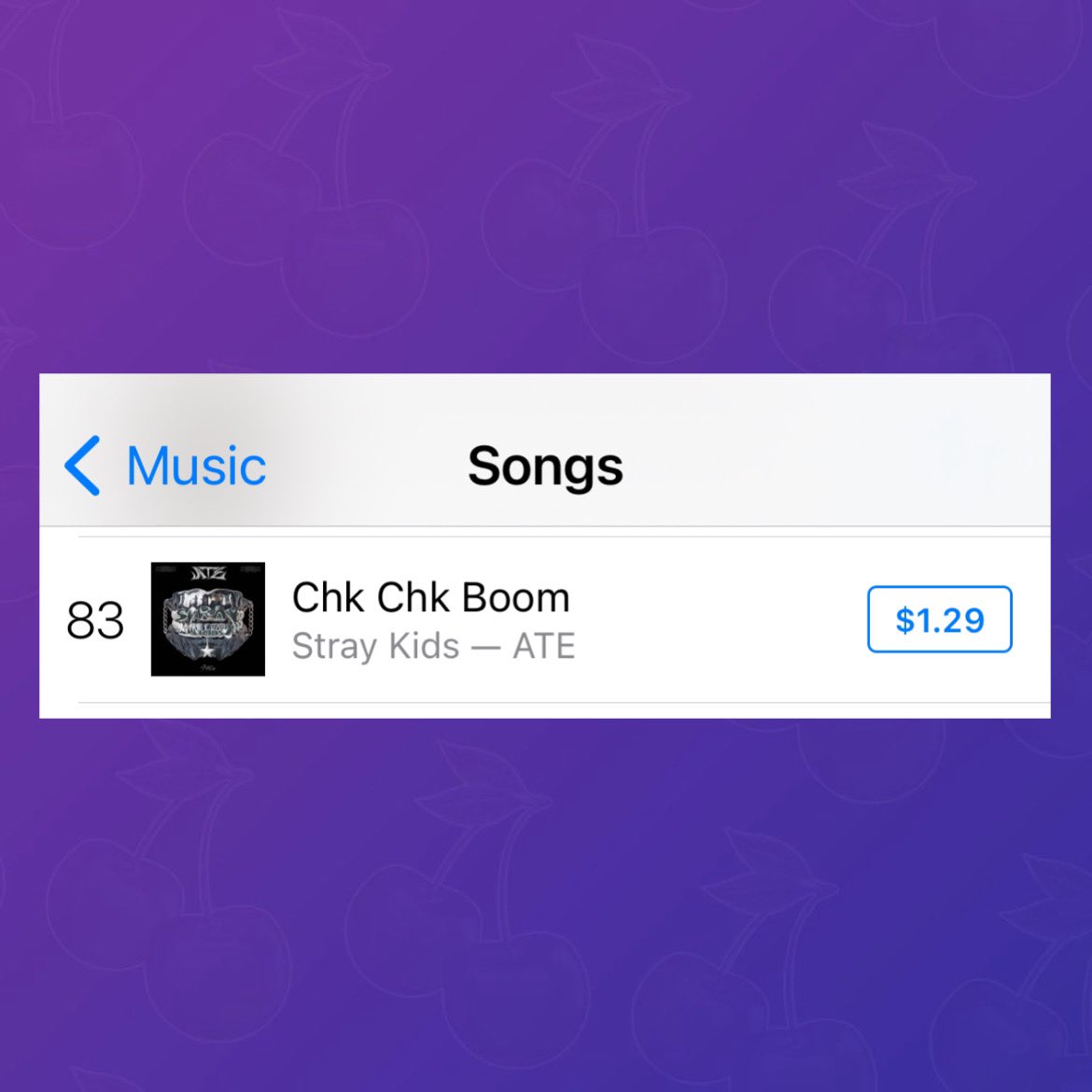 skzpopbase's tweet photo. Stray Kids’ “Chk Chk Boom” re-entered US Itunes main chart at #104 and went up 21 spots today, currently charting at #83.

It is the highest charting song by a kpop group right now. https://t.co/SCfNLfpdOQ