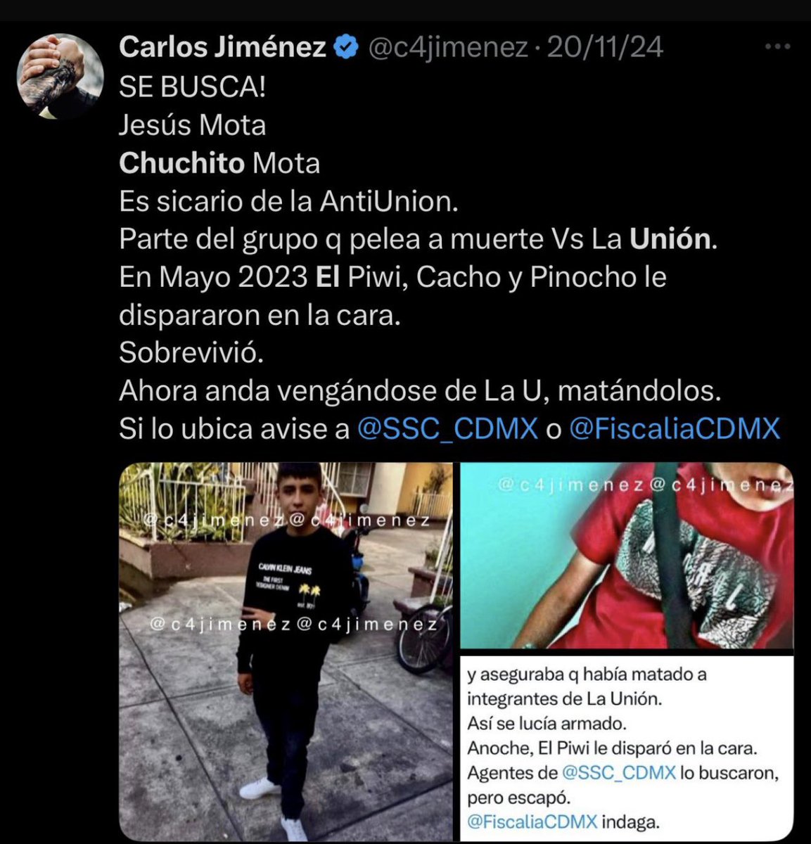 c4jimenez's tweet photo. CAYÓ CHUCHITO MOTA ENTRE los MATONES BRUTOS
Es Jesus Ortega Mota
Chuchito Mota
Es sicario de la AntiUnion.
Así lo exhibimos en noviembre por andar de matón.
Anoche fue con otros lacras de la AntiU a tirotear a sus rivales de la Valle Gómez.
Mataron a 1 
@SSC_CDMX detuvo a 7. https://t.co/yKrYFDI94E