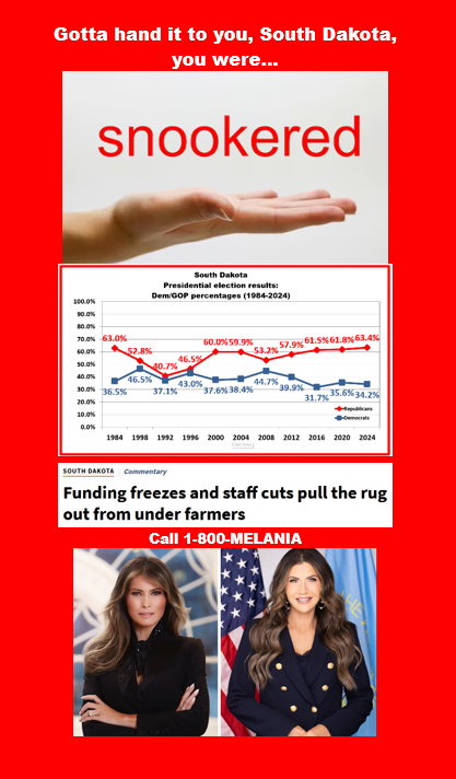 bennel62's tweet image. Feeling #snookered yet #SouthDakota Maybe your ex-governor #Melania #wannabe @KristiNoem will come to your rescuehttps://paulsnewsline.blogspot.com/2025/03/feeling-snookered-yet-south-dakota.html