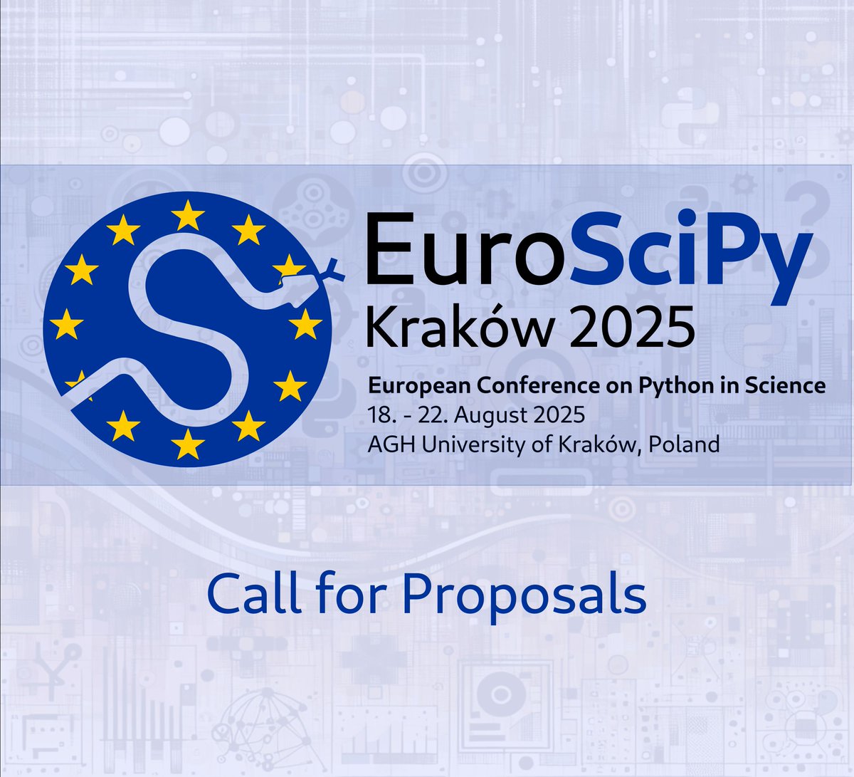 EuroSciPy's tweet image. Showcase your tools for profiling, parallel processing, or numerical simulations at #EuroSciPy2025. Let’s push #Python to its limits together! 🐍💻
Call for Proposals is open! pretalx.com/euroscipy-2025…
#ScientificPython #EuroSciPy