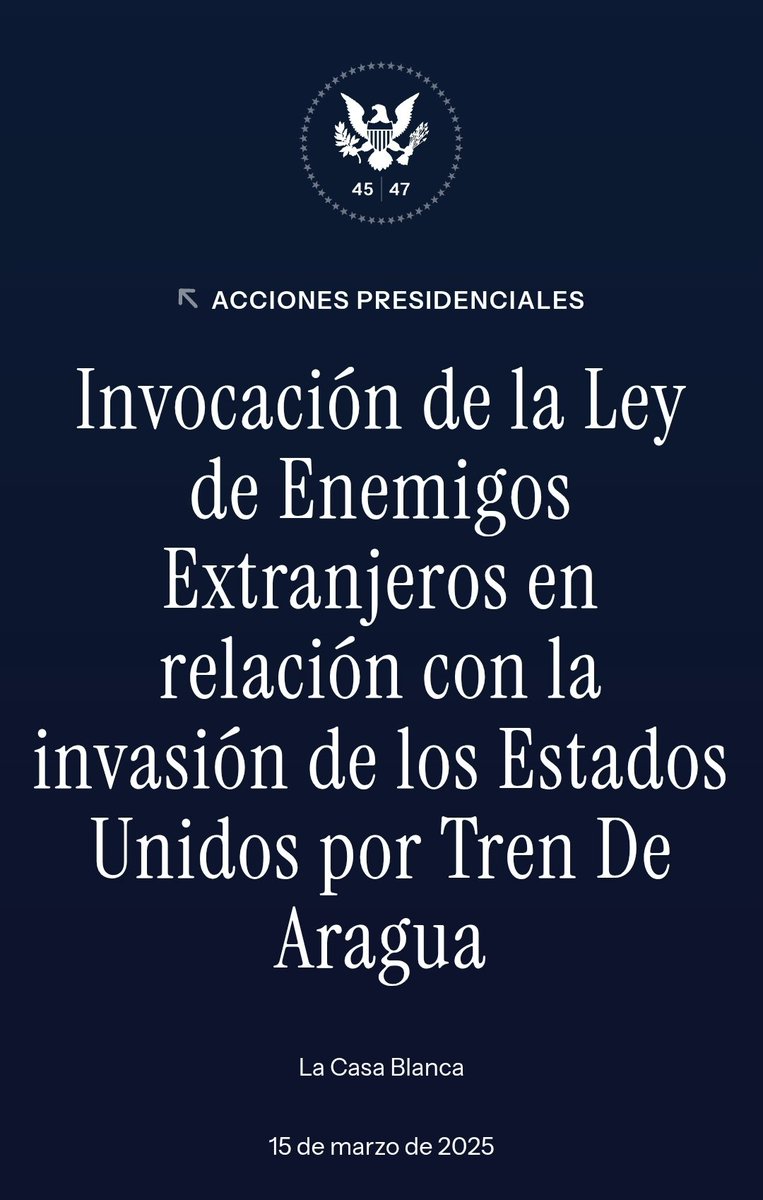 🚨 URGENTE: Presidente Trump Invoca la Ley de Extranjeros Enemigos 🚨

El gobierno de EE.UU. ha invocado oficialmente la Ley de Extranjeros Enemigos para detener y expulsar a miembros de Tren de Aragua (TdA), una organización criminal venezolana acusada de infiltrarse en el país
