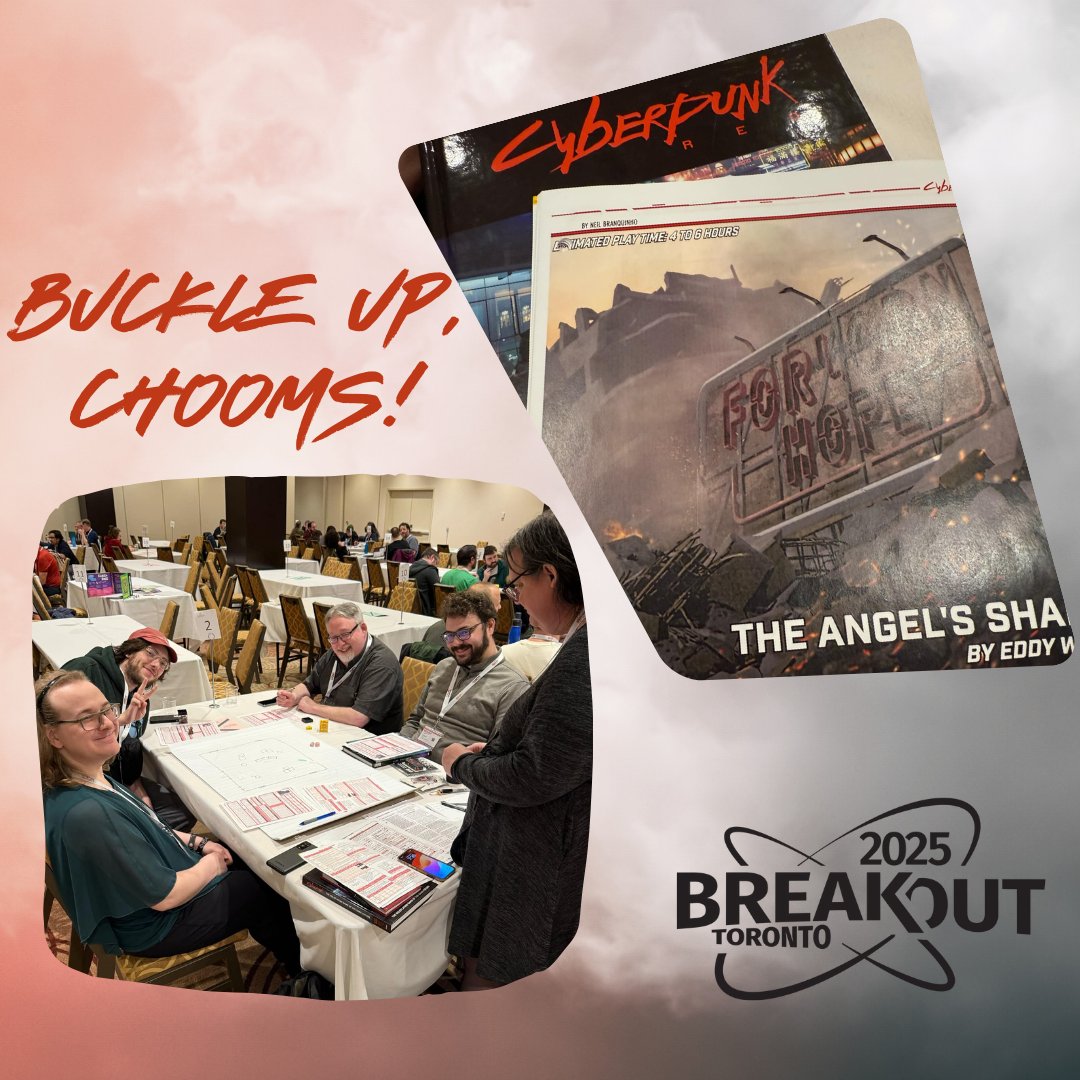 Hop in Chooms, but buckle up, ‘cause we ain’t riding into the sunset! So lucky to get the incredible Emma Wakelin, one of our special guests, as a DM! Sign up in the RPG Hall, to join in her noon game on Sunday! <a href="/RTalsorianGames/">R. Talsorian Games</a>  

#breakoutcon #rpg #ttrpg #cyberpunkred