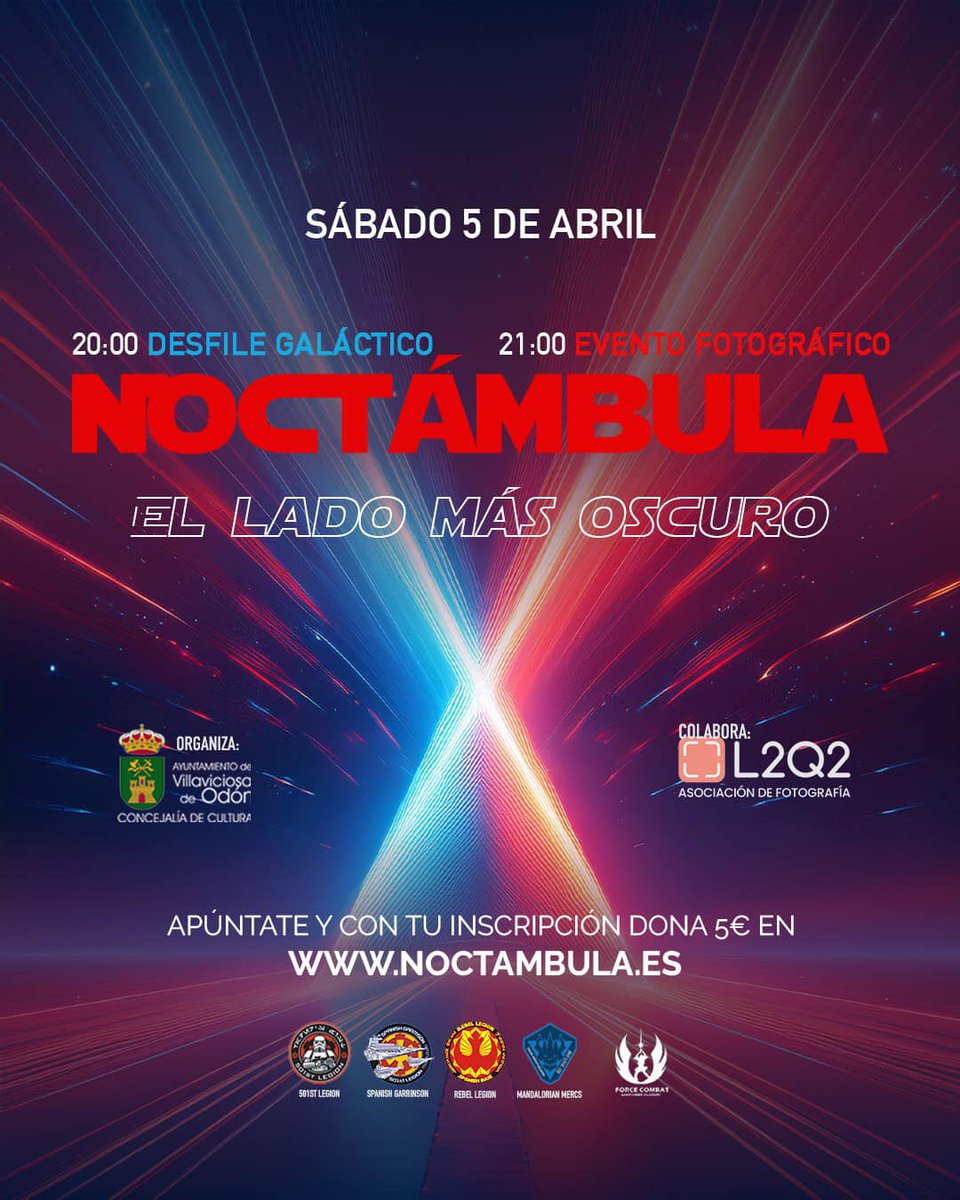 Regresa NOCTÁMBULA
¡Únete a la fuerza de la noche y que la oscuridad te acompañe!
Sábado 5 abril
20:00 Desfile Galáctico
21:00 Evento Fotográfico
Donación 5€ 👉🏼 <a href="/FundAladina/">Fundación Aladina</a>
Inscripción: noctambula.es
Organiza <a href="/Aytovilladeodon/">Ayuntamiento de Villaviciosa de Odón</a> y colaboración <a href="/l2q2_fotografia/">L2Q2</a>