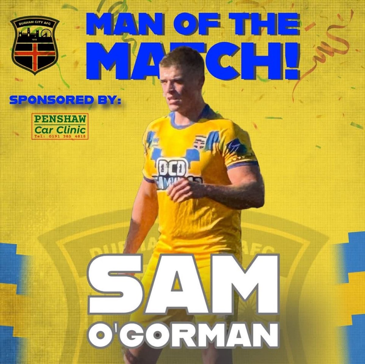Durham_City_FC's tweet photo. MAN OF THE MATCH ๐
A commanding performance at the back and two goals to his name sees @SamOGorman86 named the committee man of the match for this afternoon's 5-2 win over Wynyard Village
Congratulations, mate!
#DurhamCityAFC #DCAFC #TheCitizens https://t.co/a2aLxWzq5w