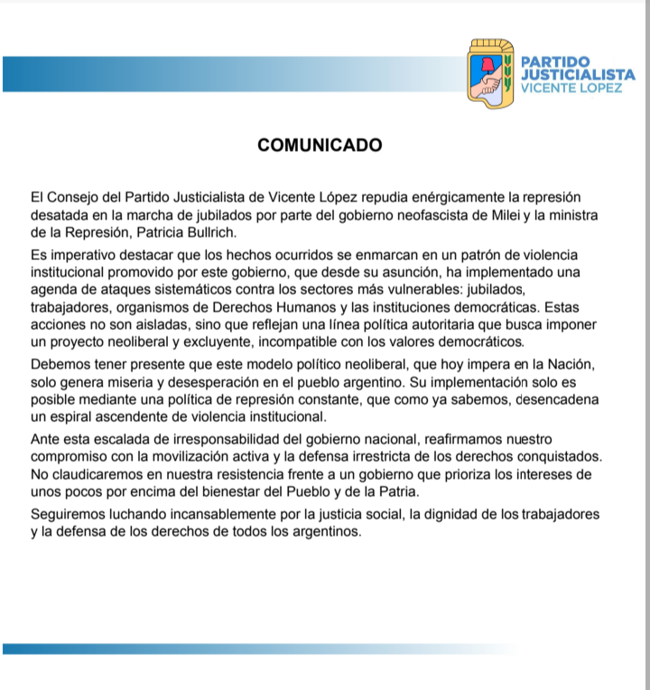🗣️ Comunicado de repudio a la represión desatada por la Ministra @patobullrich