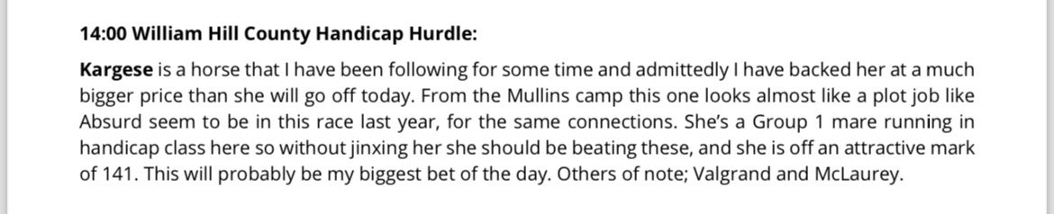 Newsletter was pinpoint yesterday, Kargese the most enjoyable win.