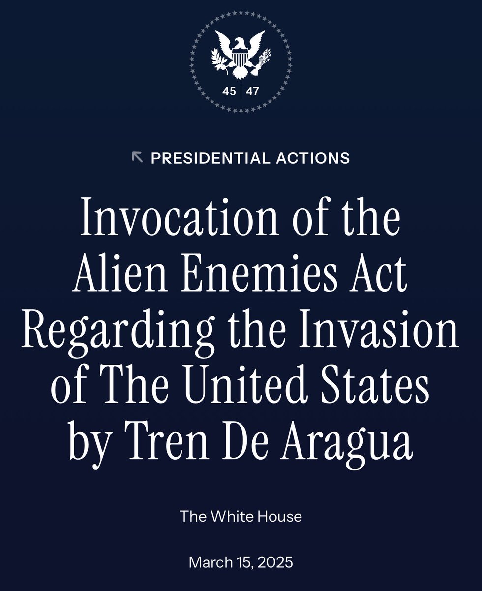 MeidasTouch's tweet photo. Donald Trump has illegally invoked The Alien Enemies Act of 1798, a wartime authority, to detain and deport Venezuelan immigrants he deems to be members of criminal gang Tren de Aragua.

This was last invoked during WWII to justify the internment of Japanese-Americans. https://t.co/nRyzhWduMU