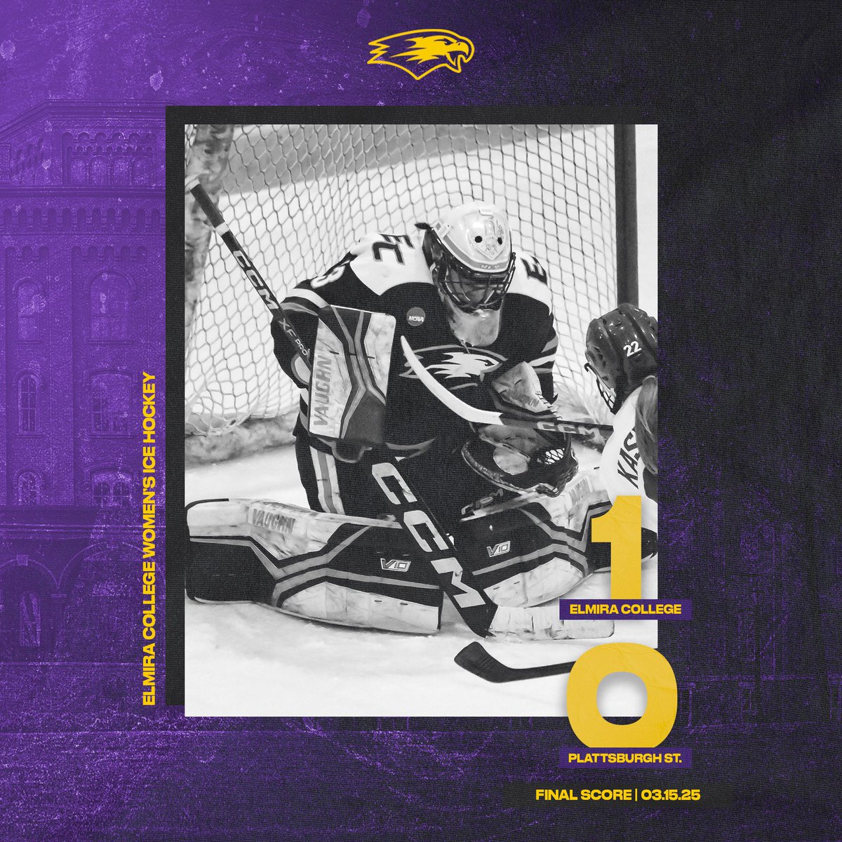 FINAL | A 40-save shutout for our CZECH WALL!! 

Sara Sevcikova was spectacular in net as her shutout along with a power play goal in the first period from Erika Goleniak sends Elmira to River Falls next Saturday! 

#TogetherWeFly #FightOn4EC #ElmiraProud