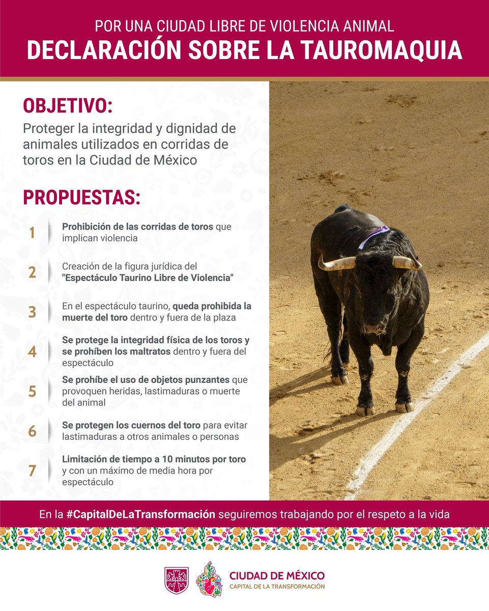 Gobierno de la Ciudad de México (@gobcdmx) on Twitter photo 🗣️ ¡NO al maltrato animal en la tauromaquia! 🚫
🙋🏻♀️ En la #CapitalDeLaTransformación garantizamos el cuidado y la protección de los seres sintientes, por ello, la #JefaDeGobierno, <a href="/ClaraBrugadaM/">Clara Brugada Molina</a>, anunció la propuesta que prohíbe la violencia en las corridas de toros, con el 🗣️ ¡NO al maltrato animal en la tauromaquia! 🚫
🙋🏻♀️ En la #CapitalDeLaTransformación garantizamos el cuidado y la protección de los seres sintientes, por ello, la #JefaDeGobierno, <a href="/ClaraBrugadaM/">Clara Brugada Molina</a>, anunció la propuesta que prohíbe la violencia en las corridas de toros, con el