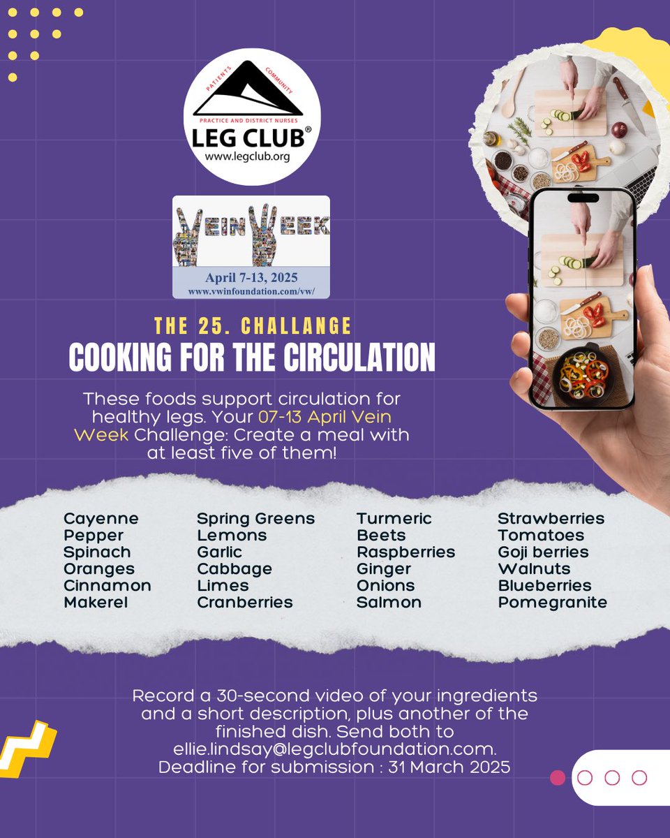Lindsay Leg Club Foundation (@lindsaylegclub) on Twitter photo 📽️ Record a short 30-second video of your ingredients and what you're making, plus another of the finished dish. Send them to ellie.lindsay@legclubfoundation.com and be part of the challenge!
The deadline for submission is 31 March 2025!
#HealthyLegs #CirculationChallenge 📽️ Record a short 30-second video of your ingredients and what you're making, plus another of the finished dish. Send them to ellie.lindsay@legclubfoundation.com and be part of the challenge!
The deadline for submission is 31 March 2025!
#HealthyLegs #CirculationChallenge