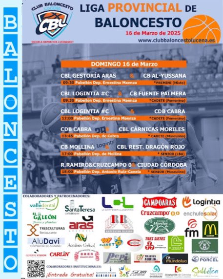 ... Continuamos con la jornada, seis encuentros durante este próximo domingo,

A pesar de tal cantidad de partidos este finde descansan nuestro Mini Femenino CBL LOGINTIA #M y nuestros CBL AMARA BLUE y CBL AMARA WHITE.

🏀🏀

... Os esperamos para pasar una estupendísima jornada