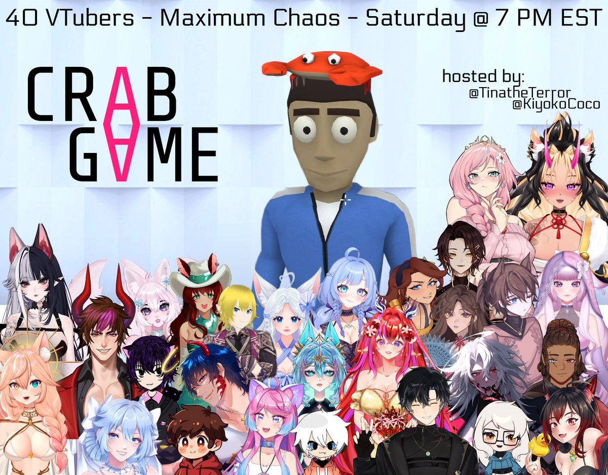 Kiyoko_Coco's tweet photo. ♡︎【︎ VTUBER CRAB GAMES 】︎♡︎
               
                 ↪︎TONIGHT ↩︎
↠︎ 40 VTubers, Maximum Chaos, Prizes
               will your oshi win? 
hosted by: @kiyoko_coco &amp; @tinatheterror https://t.co/75tGMWoT8I