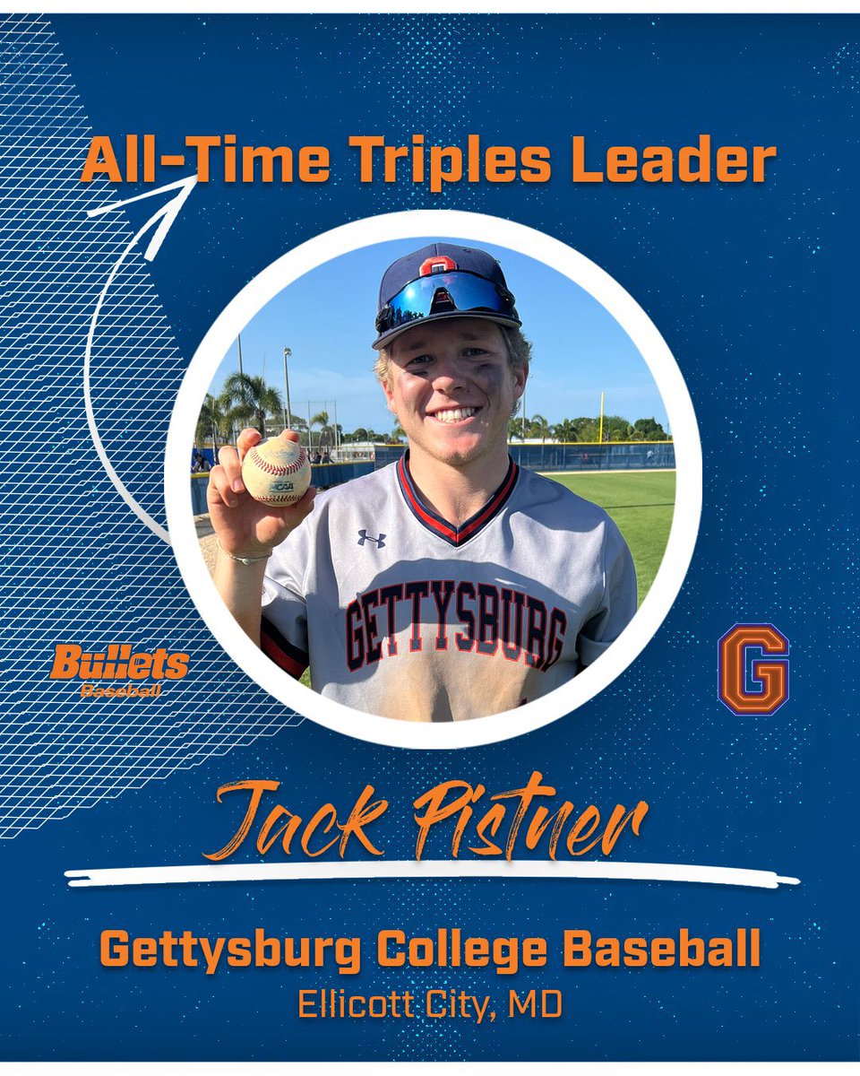 GBurgBase's tweet photo. Congrats to Sr. INF Jack Pistner (Ellicott City/Centennial) on becoming the Gettysburg College Baseball program’s Career leader in Triples!

Jack’s Triple in today’s Win vs Lasell was the 19th of his Career!

He broke the record 1997 grad Joe Cordova

@gburgbullets | @gettysburg https://t.co/ShUdM6X3KW