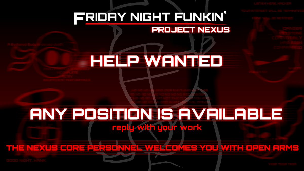 FNFProjectNexus's tweet photo. The FNF: Project Nexus team needs talented people like you.

From the playtester to the director position...

Showcase your love of Madness and FNF.
We are welcoming everyone with open arms.
#madnessprojectnexus
#madnesscombat
#fridaynightfunkin
#FNF
#fnfmods https://t.co/tMCimQhGh5