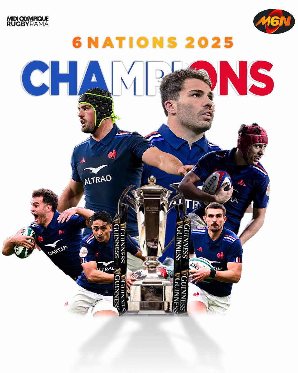 RugbyramaFR's tweet photo. 🤩 𝐂𝐇𝐀𝐌𝐏𝐈𝐎𝐍𝐒 🇫🇷

Dans une édition pleine de records, le XV de France remporte le 6 Nations 2025. Elle s'adjuge le 19ème Tournoi de son histoire 🏆 https://t.co/R4wSpetS1N