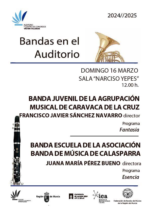 Federación Bandas de Música de la Región de Murcia (@febandasrmurcia) on Twitter photo 🎼CICLO "BANDAS EN EL AUDITORIO" 24-25
Mañana 16 de marzo, a las 12:00 horas en el <a href="/AUDITORIOMURCIA/">Auditorio Regional Víctor Villegas</a> con la participación de Bandas Juveniles de la <a href="/BandaCalasparra/">BandaCalasparra</a> y de la Banda de música Caravaca de la Cruz. Compra tus entradas en taquilla.
Colabora: <a href="/ICA_RegMurcia/">Instituto de las Industrias Culturales y las Artes</a> 🎼CICLO "BANDAS EN EL AUDITORIO" 24-25
Mañana 16 de marzo, a las 12:00 horas en el <a href="/AUDITORIOMURCIA/">Auditorio Regional Víctor Villegas</a> con la participación de Bandas Juveniles de la <a href="/BandaCalasparra/">BandaCalasparra</a> y de la Banda de música Caravaca de la Cruz. Compra tus entradas en taquilla.
Colabora: <a href="/ICA_RegMurcia/">Instituto de las Industrias Culturales y las Artes</a>