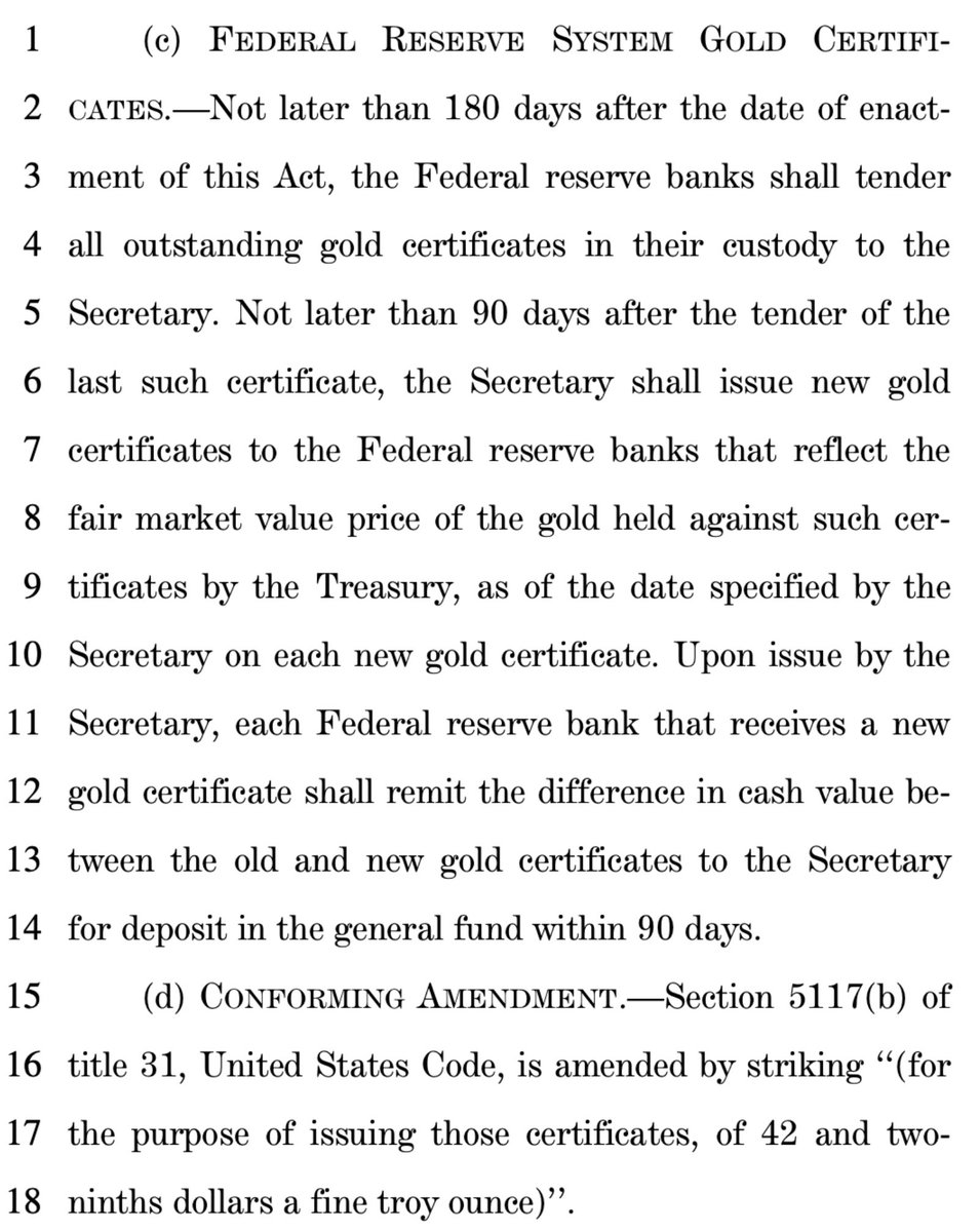 GoldTelegraph's tweet photo. Another thing many people are NOT talking about is the possibility of a repricing event of the gold reserves of the United States from their statutory value of $42.22 per oz to their current fair market value.

This was mentioned in a recent “Act” pushed forward... 

I have talked about this for months, and recently, I have been with Dr. Ron Paul. 

Also, with Sean Boyd, who has helped lead the world’s most valuable gold producer. 

If this happens, 

This will push gold into the hot light and totally discredit anyone in the media who has called gold a barbarous relic. 

Again, 

Does the movie seem to be just starting?
