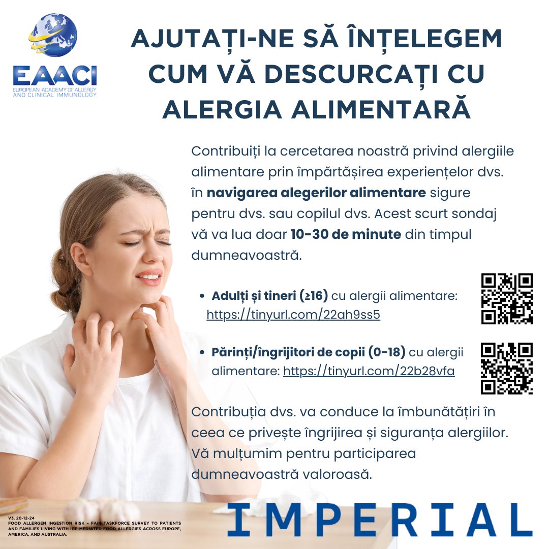 📢 Do you/your child have #FoodAllergy? Fill in the <a href="/ImperialMed/">Imperial Medicine</a> &amp; <a href="/EAACI_HQ/">EAACI</a> survey about your experience trying to make safe food choices!
👩‍🍳 People aged ≥16👉 rb.gy/bgno67
👨‍👧 Parents of children👉 rb.gy/rfiya0
#MustFollow <a href="/allergysurvey25/">Food Allergy Survey 2025</a> In 27 languages