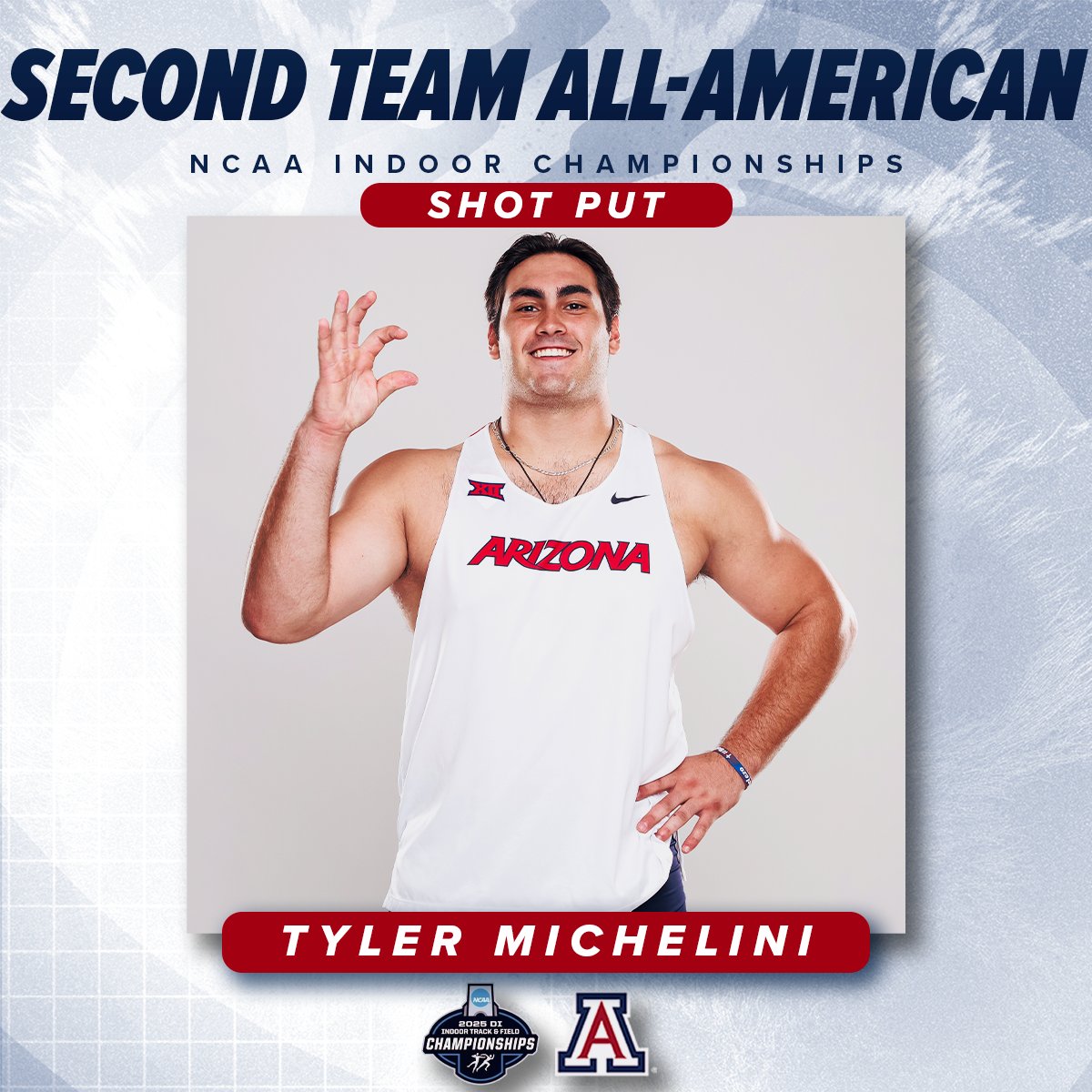 Tyler Michelini is a Second Team All-American! 👏

Tyler places 15th overall in the men's shot put at the NCAA Indoor Championships with a mark of 57-10.5 (17.64m). He earns Second Team All-America honors!

#BearDown | #BeLezoLike