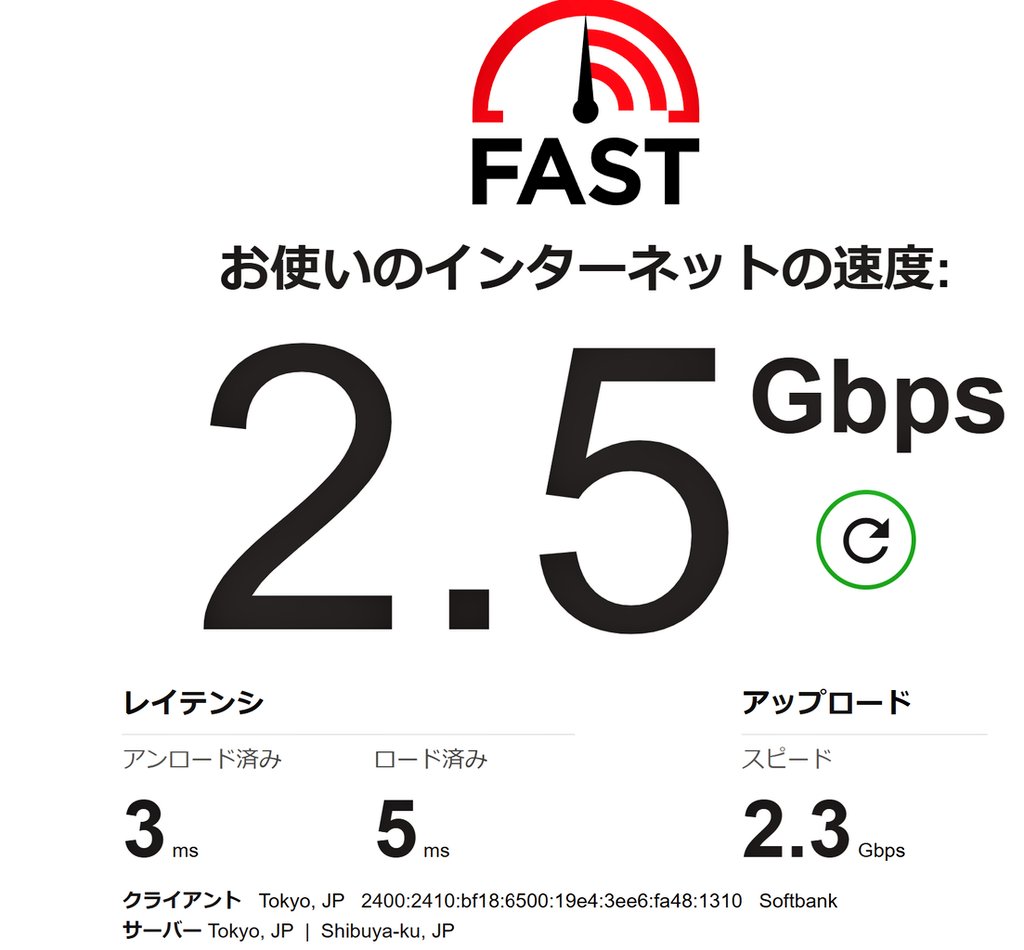 eita1227's tweet photo. またパソコン関係の番外編です。
https://t.co/ueQBW0capn
softbank光10Gに家の回線をアップデートしました。が、実際のネット速度を上げるにはかなりの追加投資が必要だということを勉強させられました。
ブログにメモ残したので興味があれば見てください。
10Gポートのスイッチングハブを追加。結果現時点では2.5Gbpsまでは速度が向上しました。
なお実用では全然必要ない速度です。速度を求めるロマン追及だけの無駄遣いでした。
10Gbps実現だと追加投資がお高いので5Gbps程度を目標にもう少し考えてみます。
#SoftBank光 #10ギガ