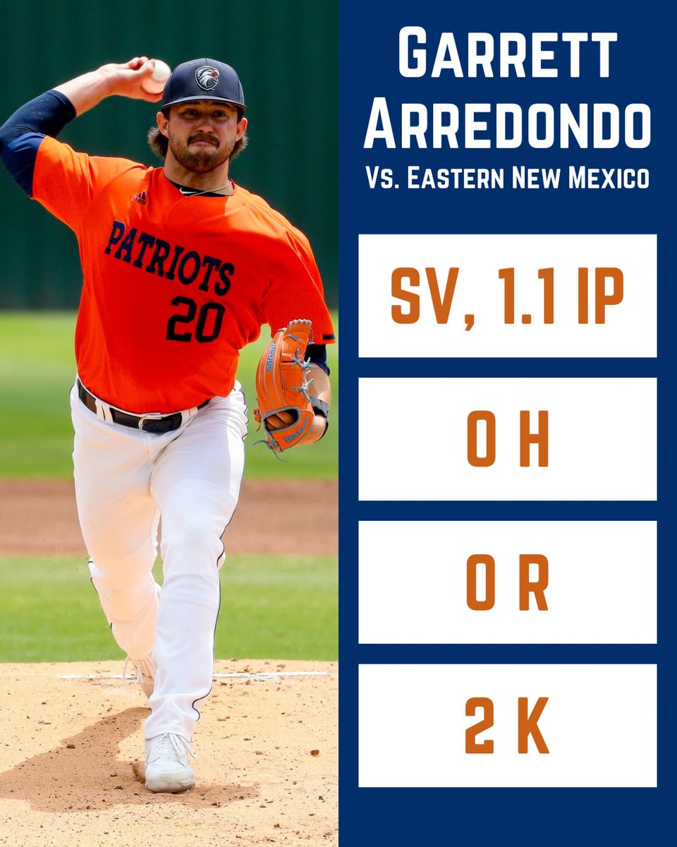 PatriotsBSBdata's tweet photo. The Pats take the opener against Eastern New Mexico as Rawley Hector punches out 9, Justin Williams goes yard TWICE, Garrett Arredondo slams the door, and Cade Conway has a multi-hit game. https://t.co/ngPzuW55Wf