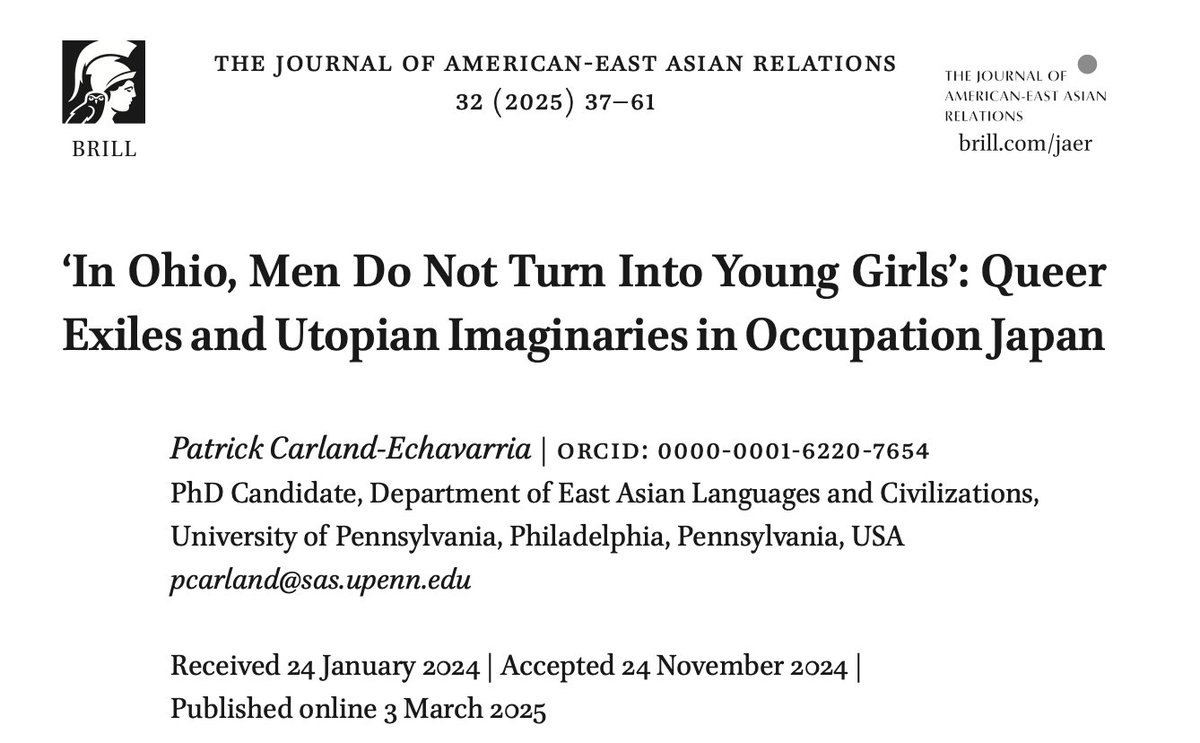 animaltextures's tweet photo. Hey all! I'm not at AAS this year, but I'm happy to share that my peer-reviewed article "'In Ohio, Men Do Not Turn Into Young Girls’: Queer Exiles and Utopian Imaginaries in Occupation Japan" is now out in the Journal of American-East Asian Relations! 1/7 https://t.co/FrXFz7bMjM https://t.co/K0anZKdAvy